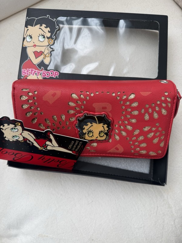 Betty Boop Women’s Red Zip-Around Wallet, Glitter Heart Pattern, Card Slots