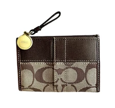 COACH Khaki Brown Signature Top Zip Gold Coin Logo Pouch Skinny ID Change Purse