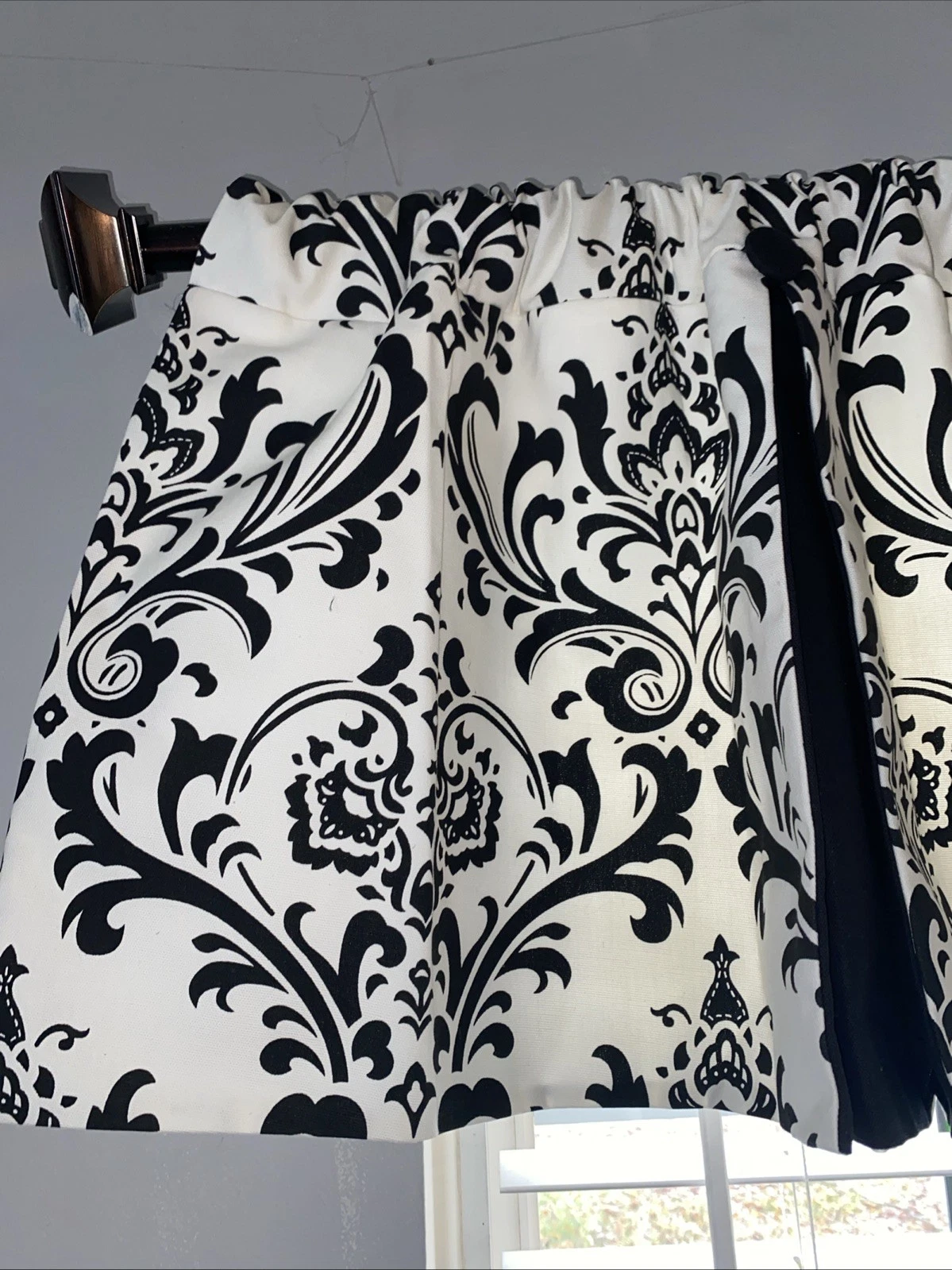 Black And White Damask Panel Pleated Button Top Curtain Valence NWOT Set Of 2