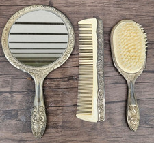 Vintage Vanity Mirror Brush Comb Grooming Set Silver Color Plated Z1