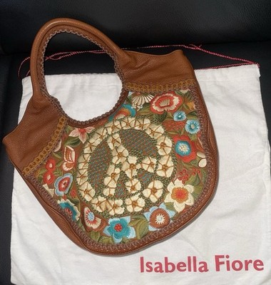ISABELLA FIORE SAKS BROWN PEACE SIGN PIPER EMBROIDERED LEATHER HOBO HANDBAG $695