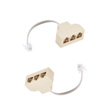 2 PCS Beige Phone Jack Splitter 6P4C Male to 3 Female Way Socket Adapter