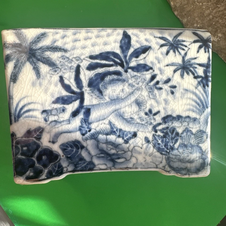 Bandeja de gotejamento antiga UW porcelana pote bonsai azul e branco 4,25”A x 5”x 6” - Imagem 4 de 4