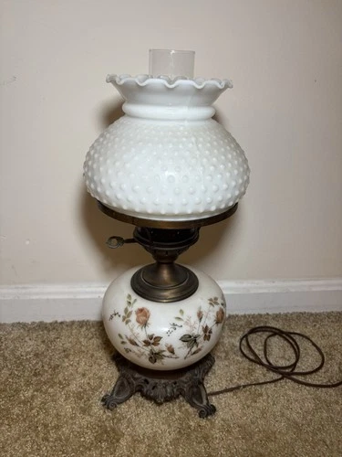 Vintage Hurricane Parlor Table Lamp White Milk Glass Hobnail Floral Design