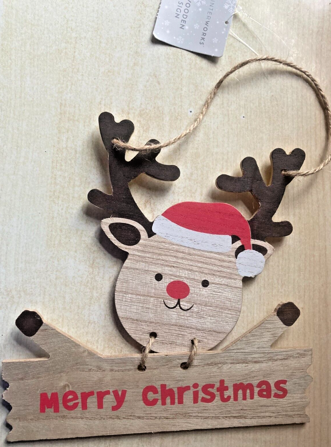 BNWT New Hanging Wooden Xmas Decoration - Rudolph Reindeer - MERRY CHRISTMAS