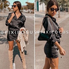 NWT ZARA BLACK DRAPED RUCHED SATIN EFFECT  SHORT TSHIRT DRESS XS REF 8433/338