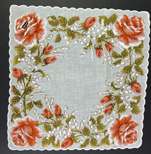 Coral Roses  Snowdrops Floral Handkerchief Scalloped Edges Cotton 12x12  Hankie