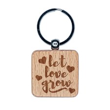 Let Love Grow with Hearts Engraved Wood Square Keychain Tag Charm