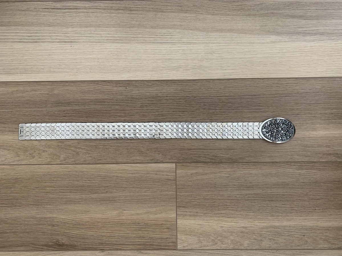 Vintage Stretch Metal Belt Silver Tone Ornate Panel Retro 60s 70s Adjustable Vintage Silver Tone Elastic Belt w/ Stretch Metal Scales  main image 2