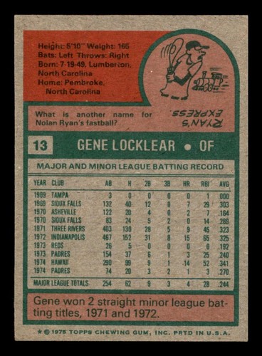 1975 Topps Baseball #13 Gene Locklear NM *d2 - Picture 2 of 2
