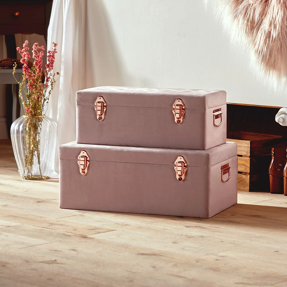 Set of Velvet 2 Pink Storage Trunks w/ Rose Gold Handles Vintage Style  Bedroom