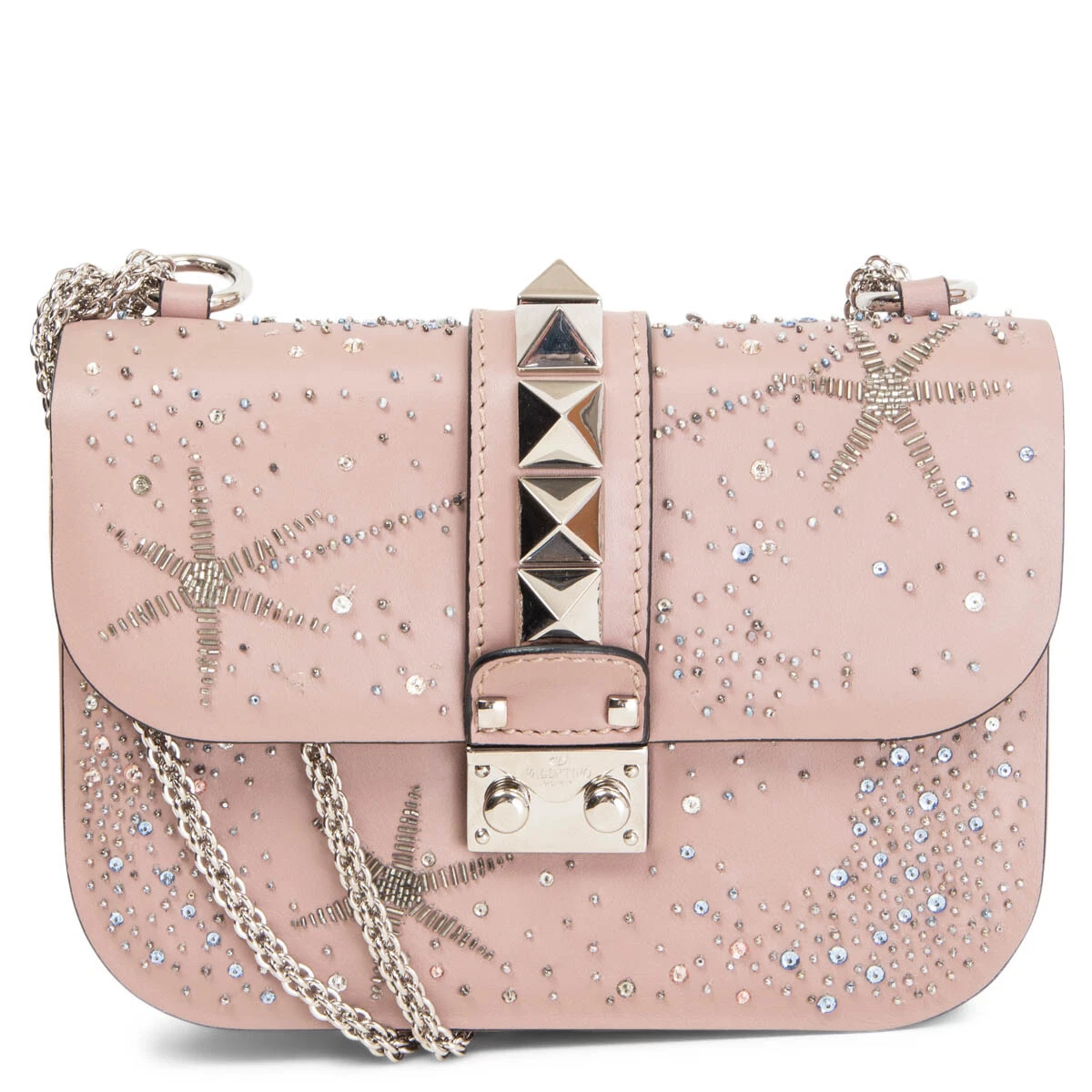 64699 auth VALENTINO pink leather CRYSTAL EMBELLISHED GLAM LOCK SMALL Bag