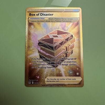 box of disaster pokemon gold card 214/196 Secret Rare Lost Origin Near Mint Twin Traders put 8 damage counters on the Attacking Pokemon.Attach Box of Disaster to 1 of your Pokemon that doesnt have a Pokemon Tool attached to it. Box of Disaster Pokemon Lost