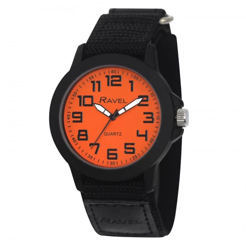 Ravel Gents Mens Easy Fasten Orange Sports Work Watch Easy Fasten Black Strap