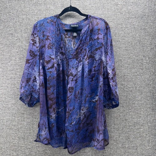 Maggie Barnes Womans Blouse Size 1X Dark Romantic Sheer Floral Print Button Down - Picture 10 of 14