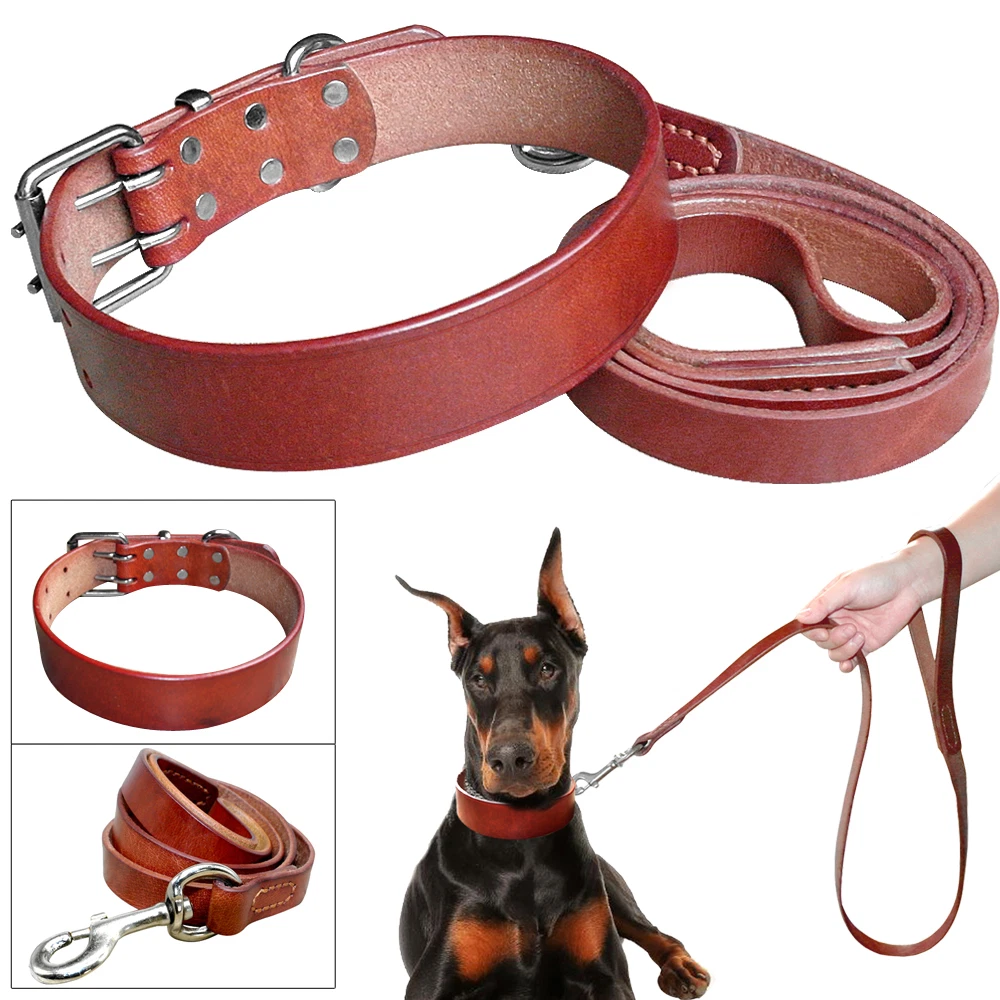 Genuine Leather Dog Collar and Leash Set Soft Durable Plain