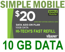  20 SIMPLE MOBILE   10GB DATA ADD-ON   FASTEST SAME DAY DIRECT TO YOUR PHONE
