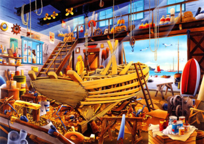 Puzzle Auf der Bootswerft, 1000 Teile, Schiffsbau, Nautik, Werkstatt, Bluebird