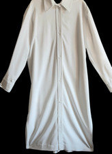 Fashion Long Button Up White  Shirt Dress Collared L/Sleeve Slits  Size M