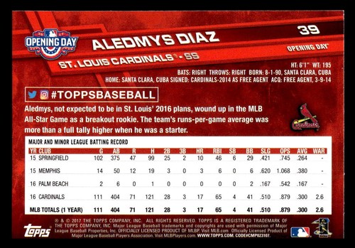 2017 Topps Opening Day Aledmys Diaz #39 St. Louis Cardinals Baseball Card - Picture 2 of 2