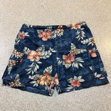 Caribbean Joe Swim Trunks Mens Sz L Blue Hawaiian Floral Hibiscus Pockets 7  