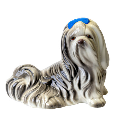 Vintage 1983 Hand-Painted Ceramic Shih Tzu Dog Figurine - Large 9'' - Folk Art