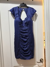 GUESS Blue/White Polka Dot Sheath Keyhole Ruched Cap Sleeve Stretch Dress 8