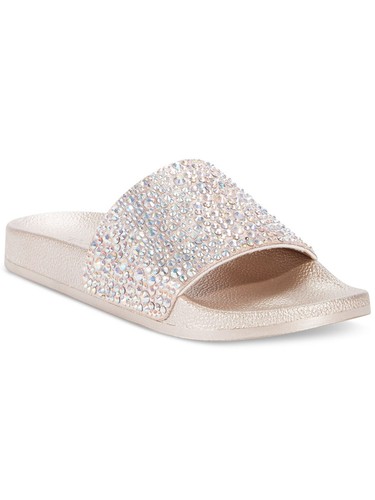 INC Womens Gold Metallic Rhinestone Round Toe Platform Slip On Slide Sandals 5
