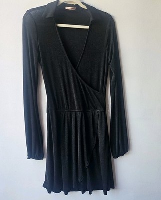 Bailey Rose Black Collared Wrap Mini Dress Long Sleeve Knit Polyester Spandex S