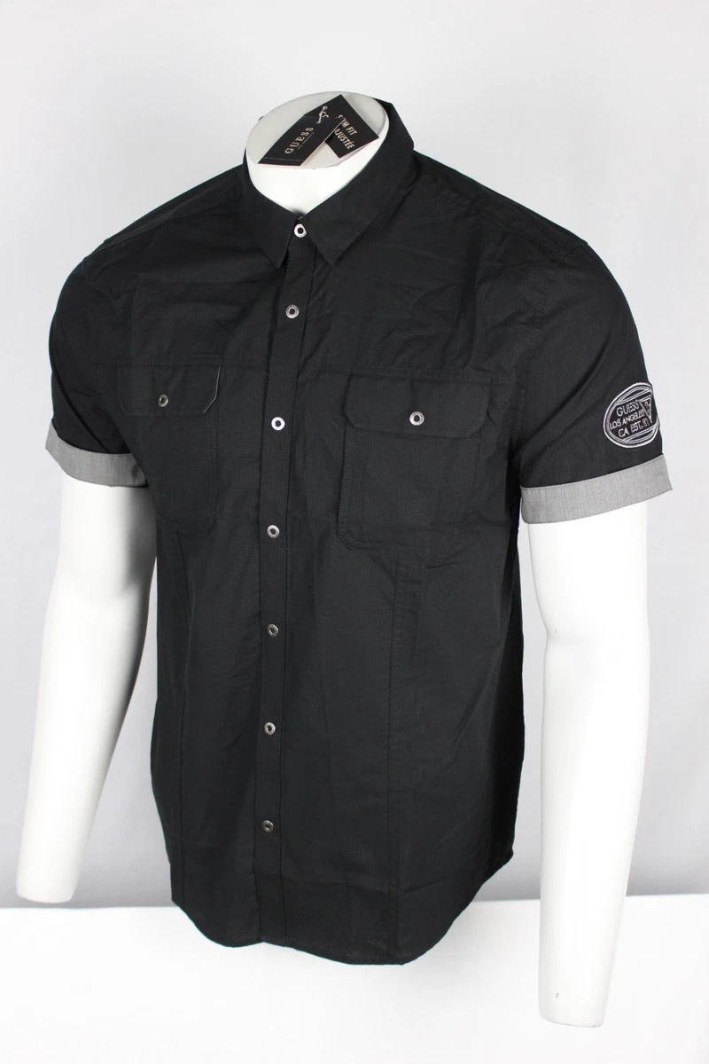 Camisa Guess Para Hombre Calce Ajustado Eduardo Manga Corta Botón a Presión Negro Jet