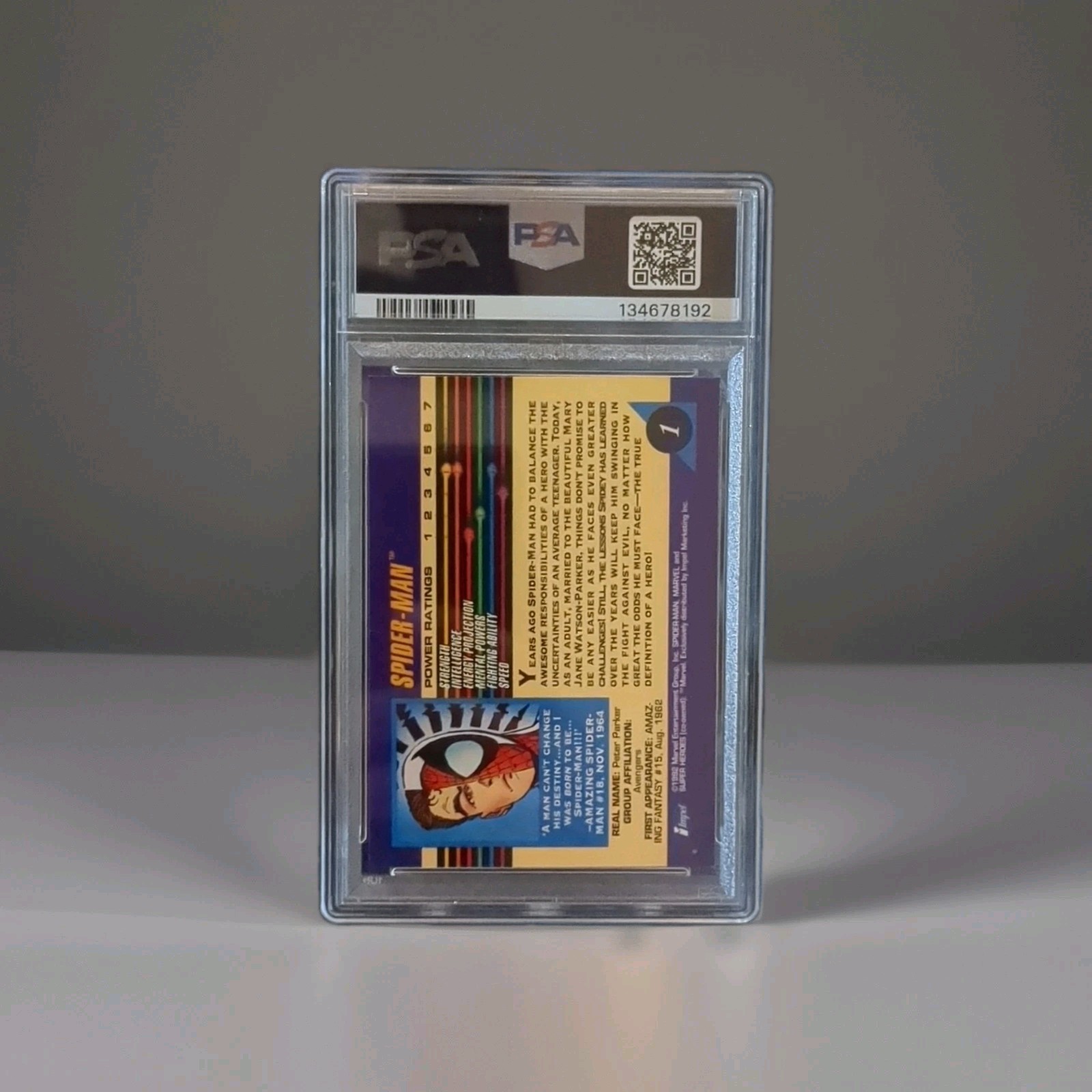 Impel Marvel Universe 1992 Spider-Man #1 PSA 10 Non-Sport Trading Card Base Set view 2