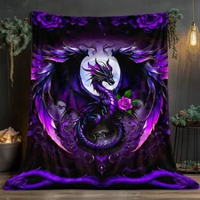 Purple Dragon Blanket: Moonlit Winged Dragon with Rose Design,  Cozy Home Throw