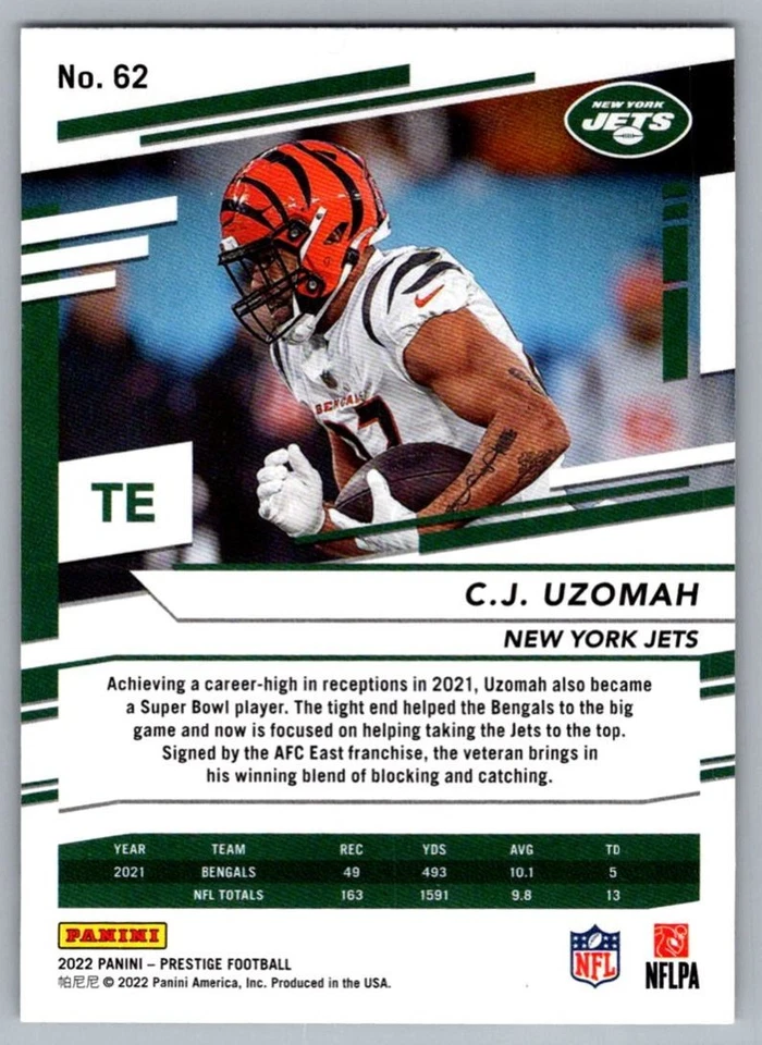 2022 Panini Prestige C.J. Uzomah New York Jets #62 - Image 2 of 2