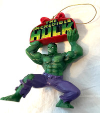 Marvel 2003 Incredible Hulk Christmas Ornament Holding Up Sign with Bow