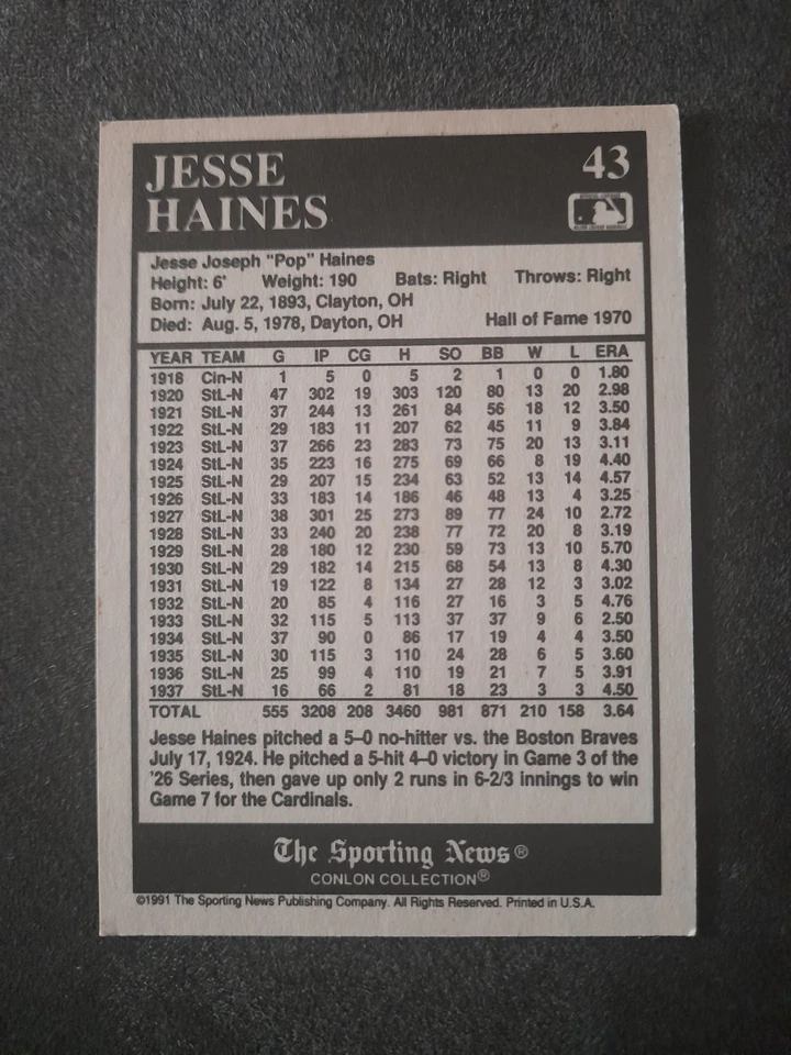 1991 The Sporting News Conlon Collection - Jesse Haines #43 HOF 1970 - Image 2 of 2