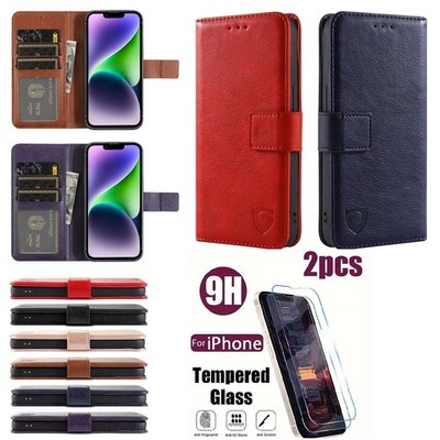 iPhone 16 Pro Max,15,4,13,12,11 Leder Wallet Flip Book Case + 2 Hartglas