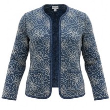 Chicos Blue Linen Embroidered Floral Open Front Chambray Look Jacket Size 0