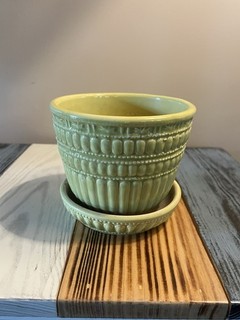 McCoy 1961 Vintage Beaded Yellow Flower Pot Planter and Saucer Chartreuse
