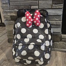 Disney Parks Minnie Mouse Ears Polka Dot Sequin Backpack Bag Bow FULL SIZE READ