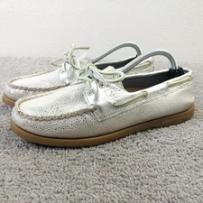 Sperry Top Sider 2 Eye Boat Shoe Womens Size 7.5 Loafers Silver Lace Up