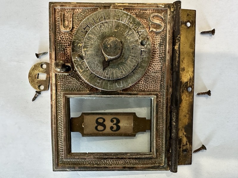 US Mail Box Door 2 Dial And Pointer Corbin 2-11-1902 With Hinge And Latch Plate.