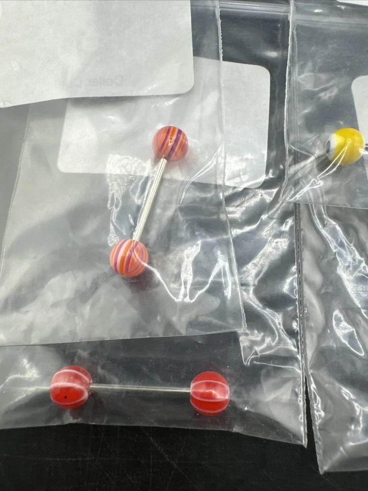 💥 Juego de 10 bolas de barra de diseño de rayas anillos de lengua acrílicos 14G colores #2 Foto 2 de 4
