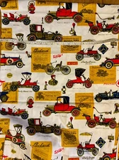 Vintage House N' Home Fabrics & Draperies Inc Automobiles Cars Gold Green 66x44"