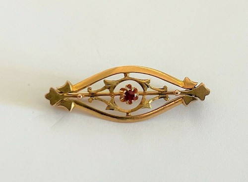 Antike Brosche 10 Karat Gelbgold mit Rubin Anstecknadel - Bild 3 von 8