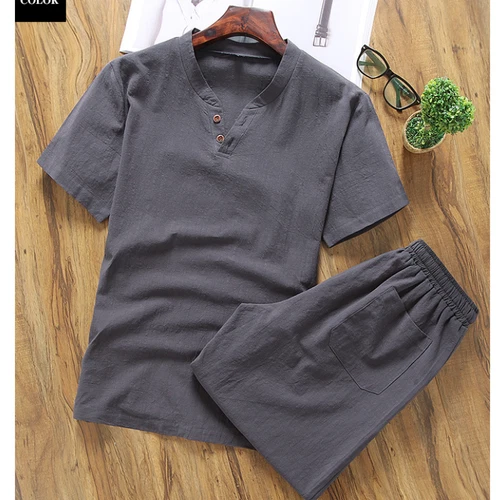 Herren Shorts Baumwolle Leinen Sommer Set 2er Set Kurzarm T-Shirt und Hose - Bild 14 von 30