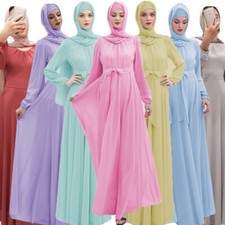 Women Muslim Chiffon Long Sleeve Maxi Dress Ramadan Islamic Abaya Kaftan Robe