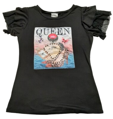 Top Fashion Of NY Sz S Queen Silky Graphic Studded Bling T-Shirt Mesh Ruffle SS