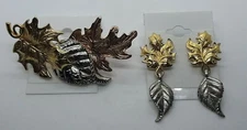 VTG Avon 3 PC Set Brooch Pin & Earrings Fall Autumn Leaves Tri-Color Metal 