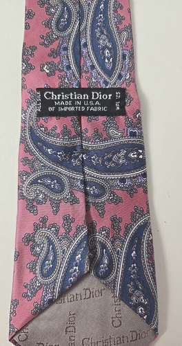 Vintage Christian Dior 100% Silk Pink Blue Gray Tan Paisley Tie 56" - Picture 2 of 2