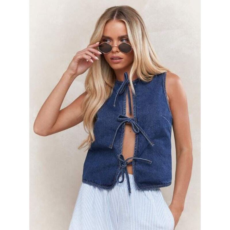 New Missguided Women's Denim Tie Vest Size Medium0